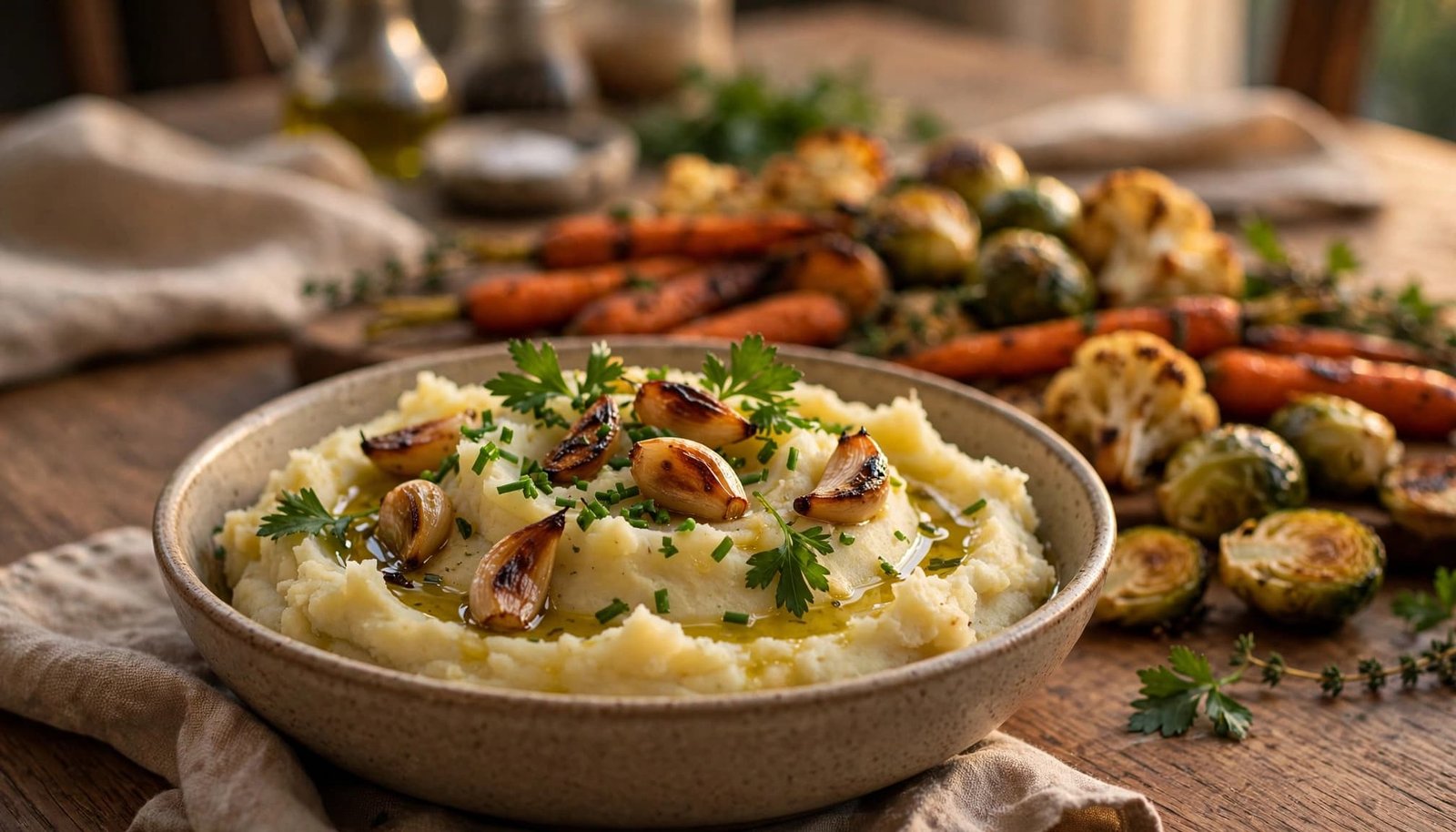 Vegan mashed potatoes with herbs and roasted garlic beside roasted vegetables.