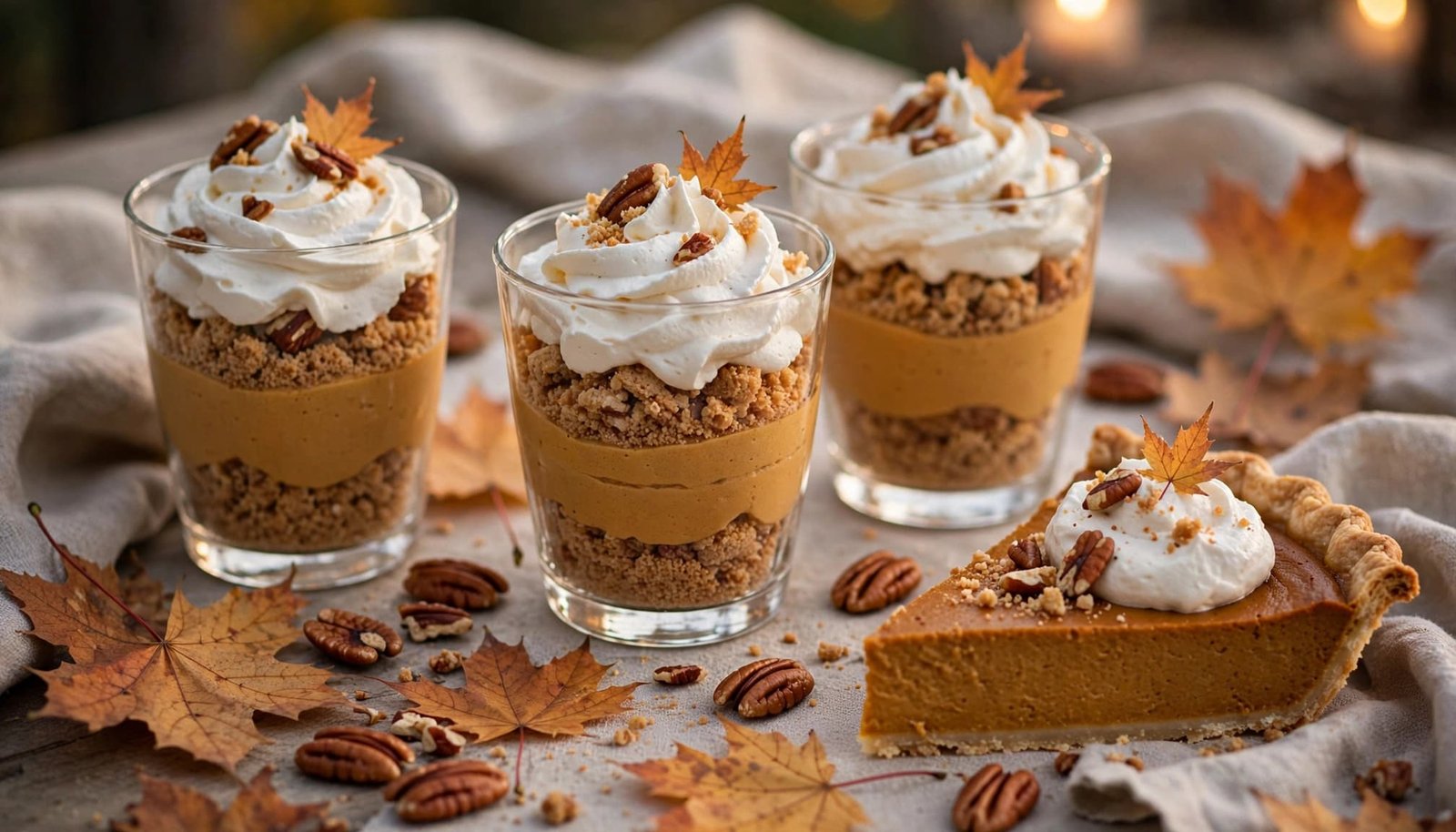 Three pumpkin parfaits and a vegan pie sit on an autumn dinner table.