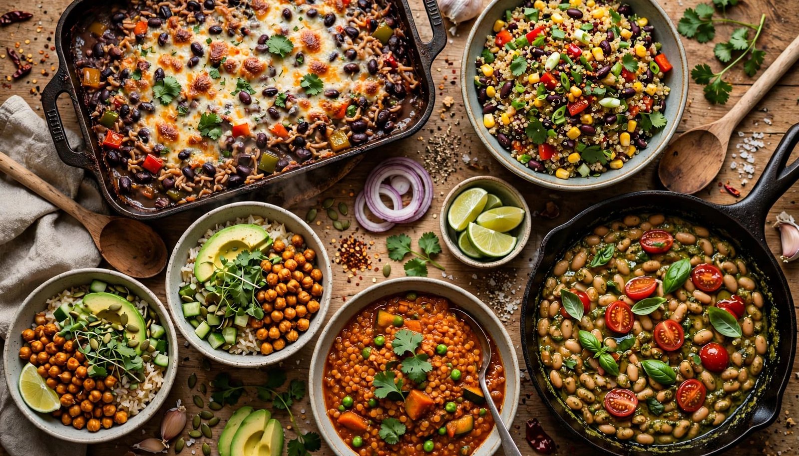 A table filled with colorful vegetarian casseroles, grain bowls, curry, and skillet dishes.