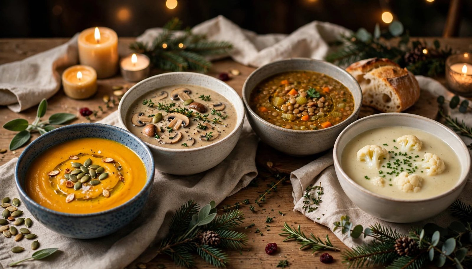 Four vegetarian soups in ceramic bowls with bread, herbs, evergreen sprigs, and candlelight.