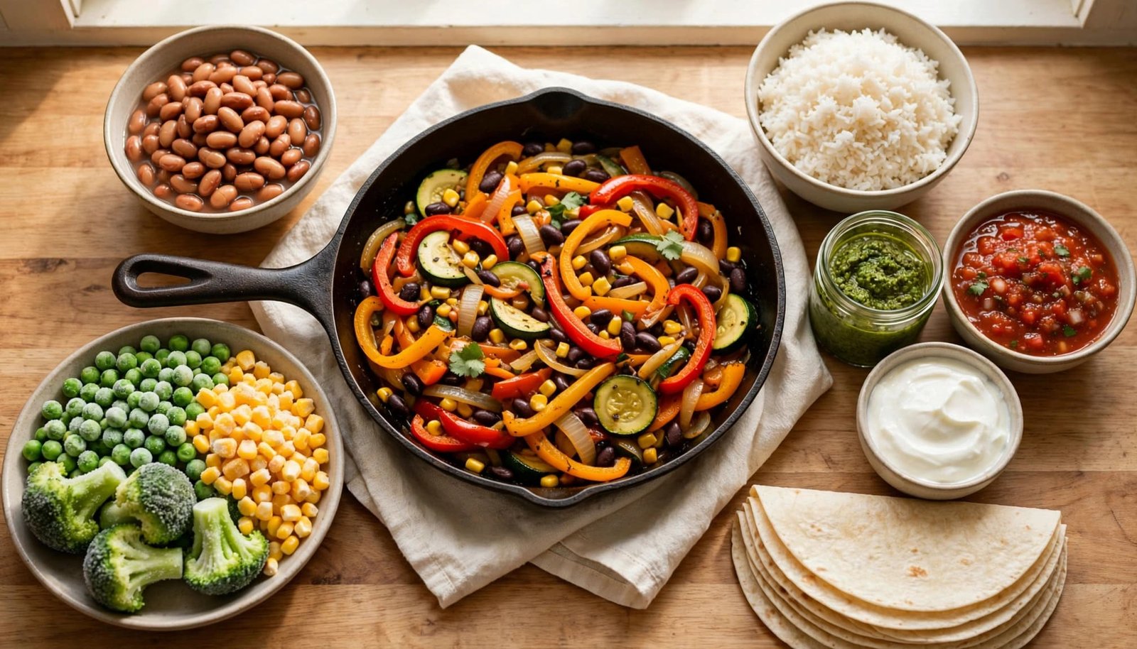 A skillet meal surrounded by beans, rice, vegetables, tortillas, sauces, and yogurt.