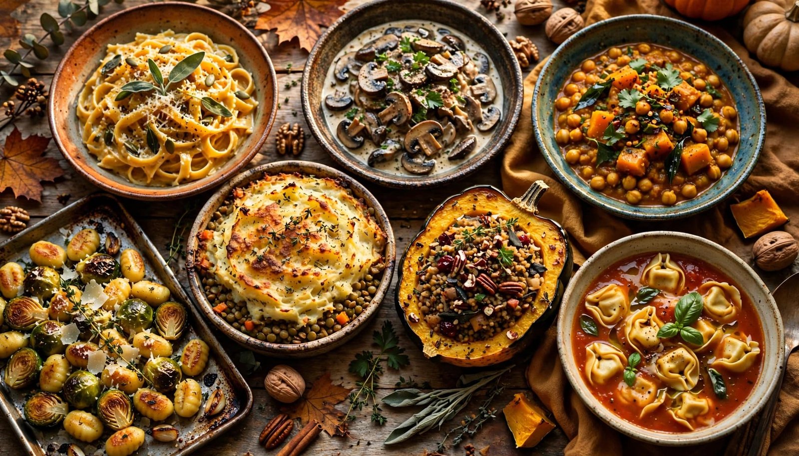 Seven cozy vegetarian dishes arranged on a rustic autumn table.