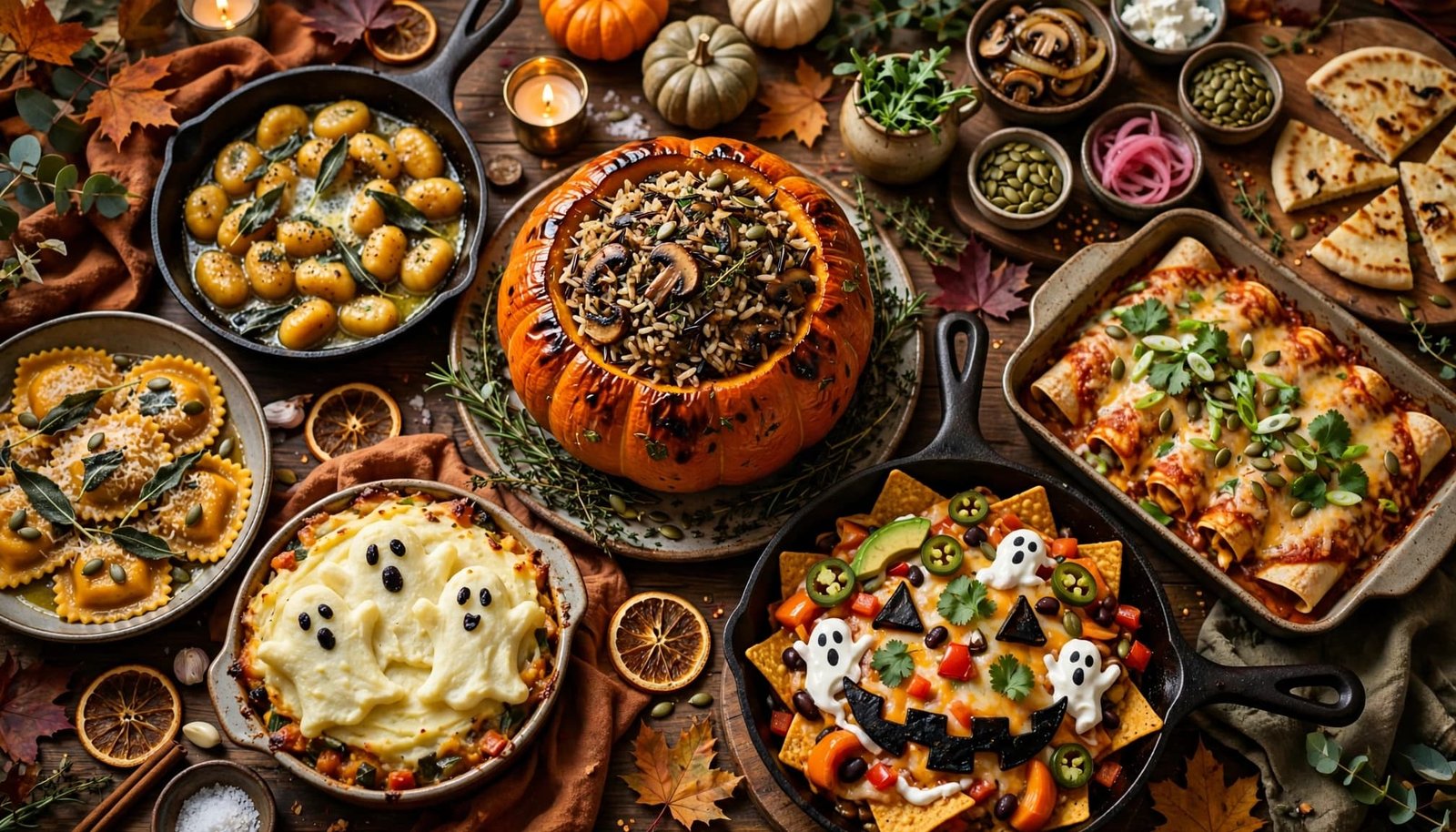 Vegetarian Halloween dishes fill a warmly lit autumn dining table.