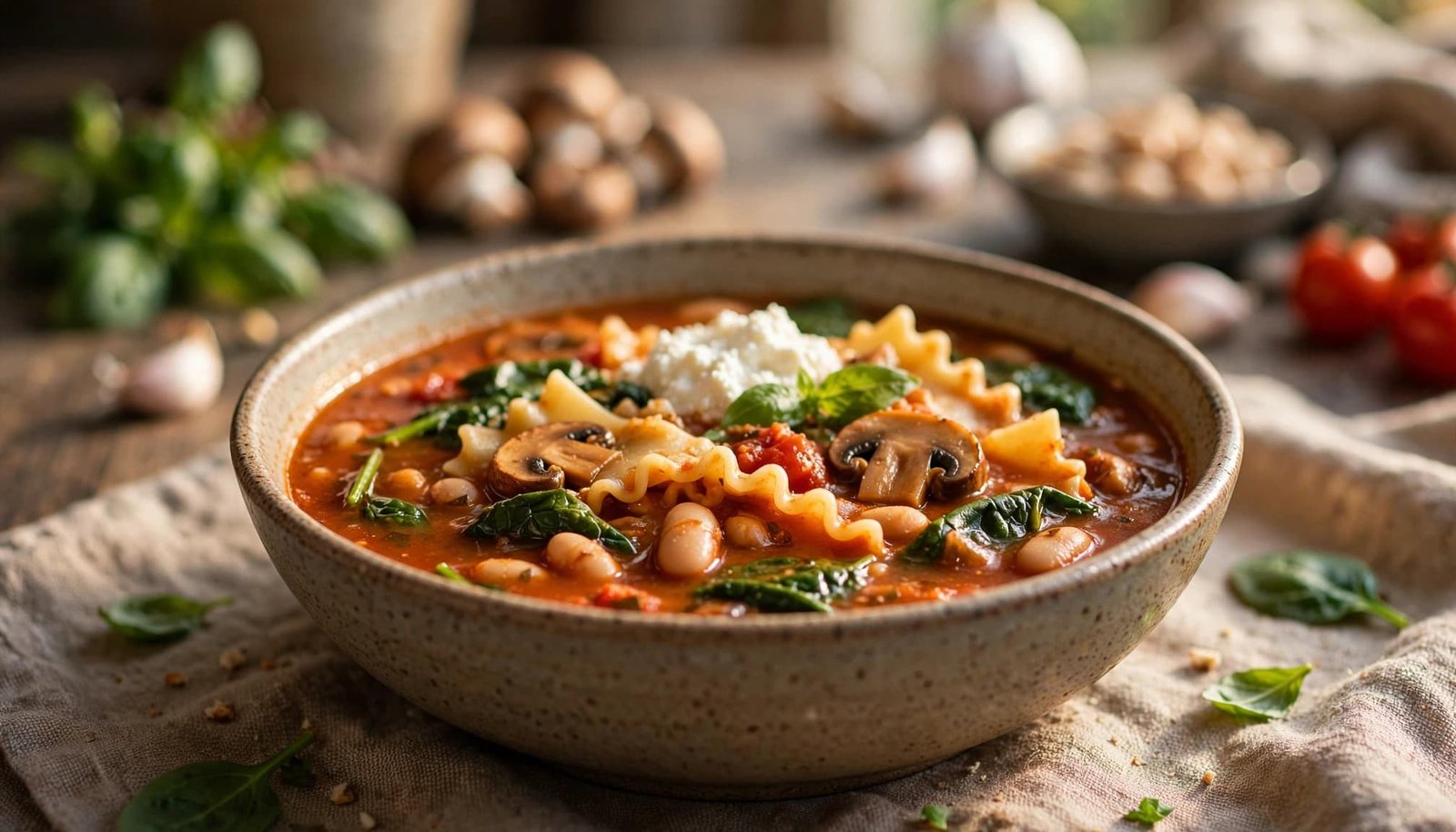 A bowl of vegetarian lasagna soup with pasta, beans, mushrooms, spinach, and ricotta.