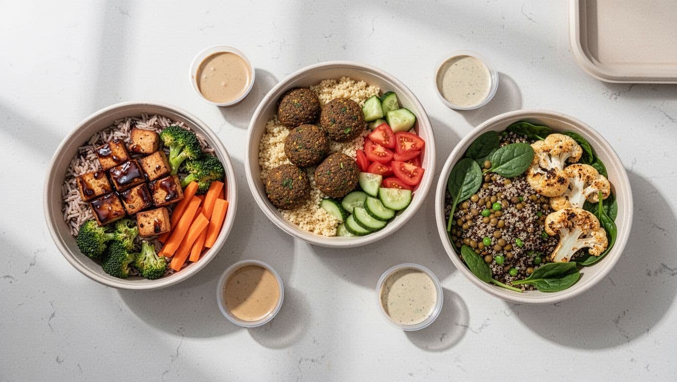 Three vegetarian lunch bowls with separate sauce cups arranged on a kitchen counter.