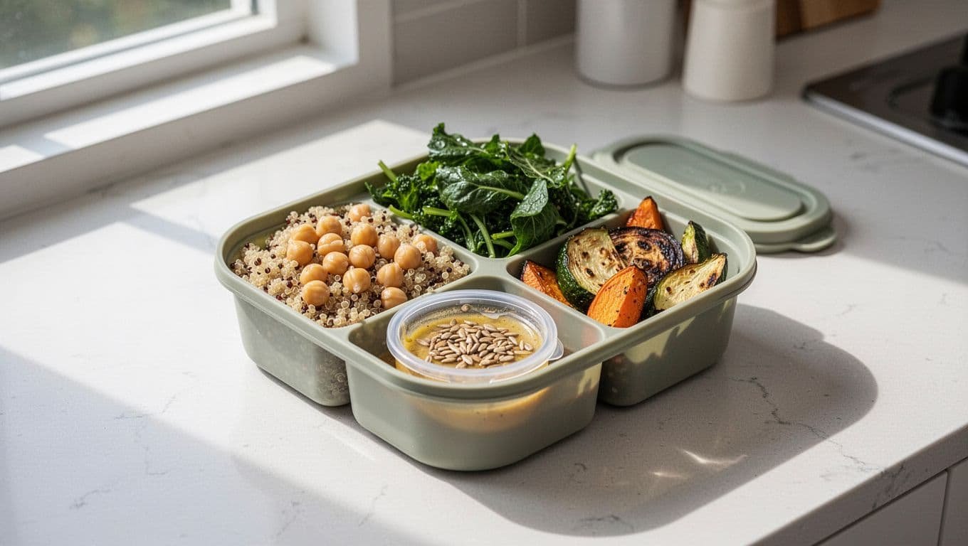 A divided lunch box holds quinoa, greens, vegetables, dressing, and seeds on a kitchen counter.