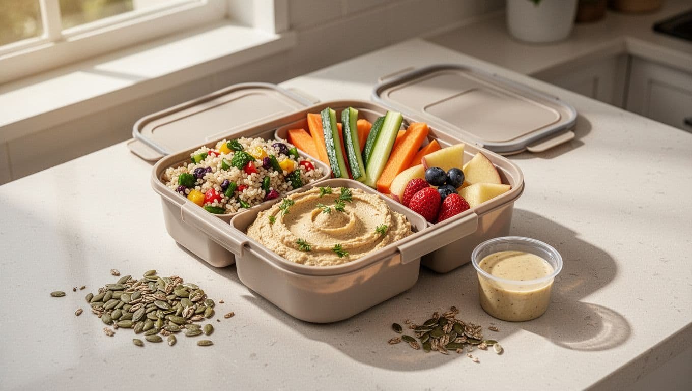 Reusable lunch box filled with grain salad, hummus, vegetables, fruit, and seeds.