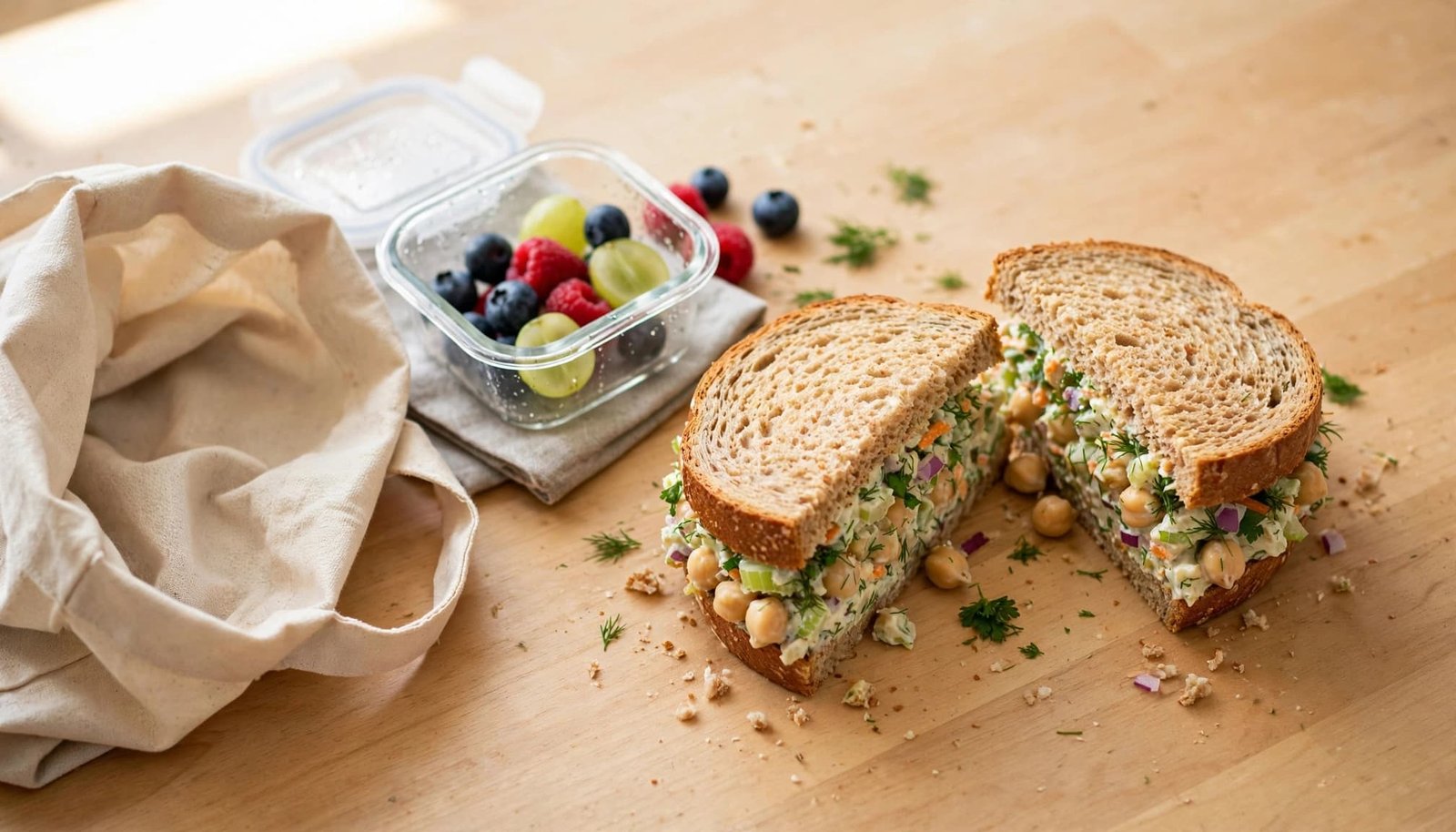 Sliced chickpea sandwich beside fruit and a reusable lunch bag on a sunny kitchen counter.