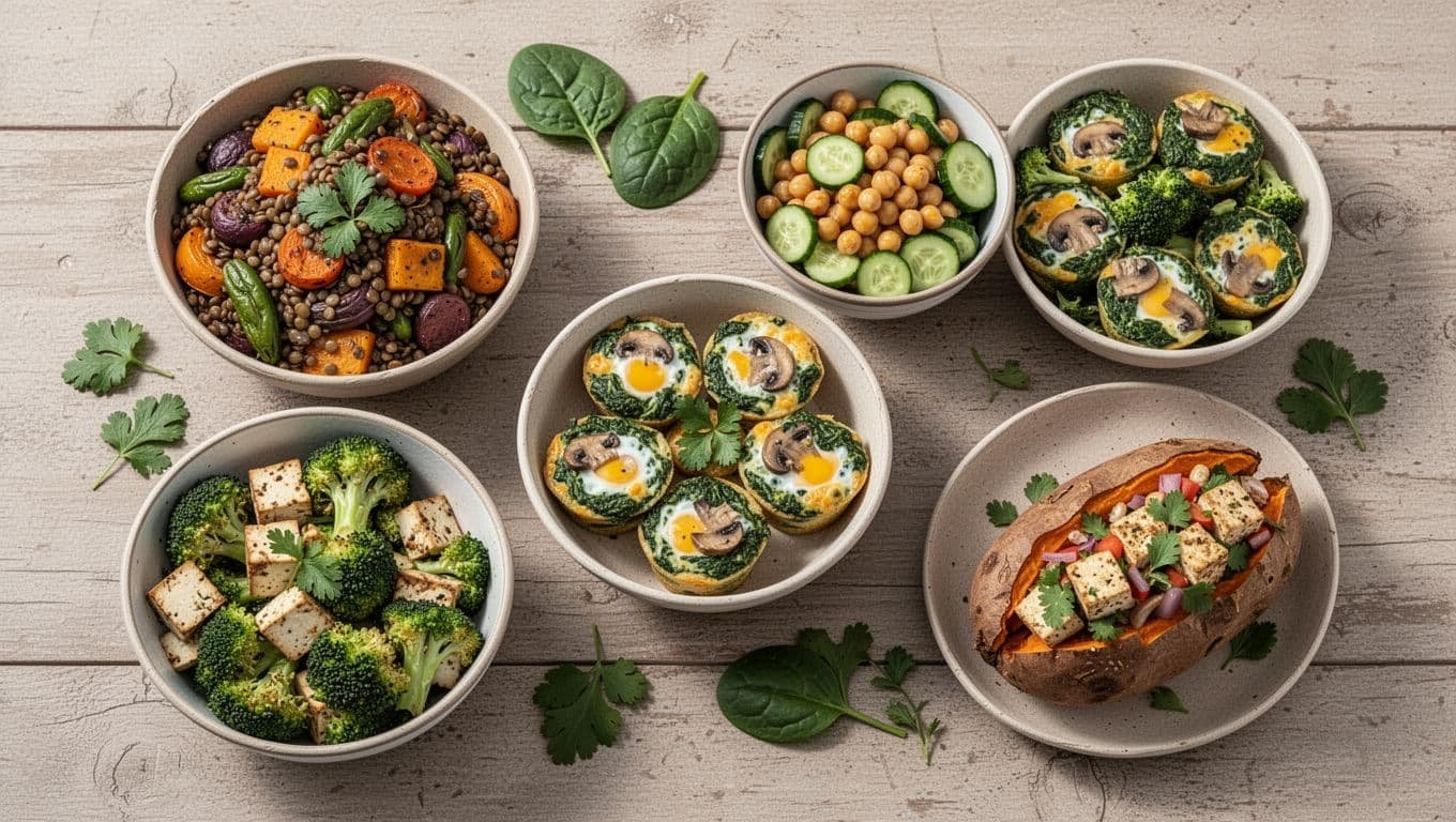 A colorful spread of vegetarian salads, egg muffins, tofu, broccoli, and stuffed sweet potato.