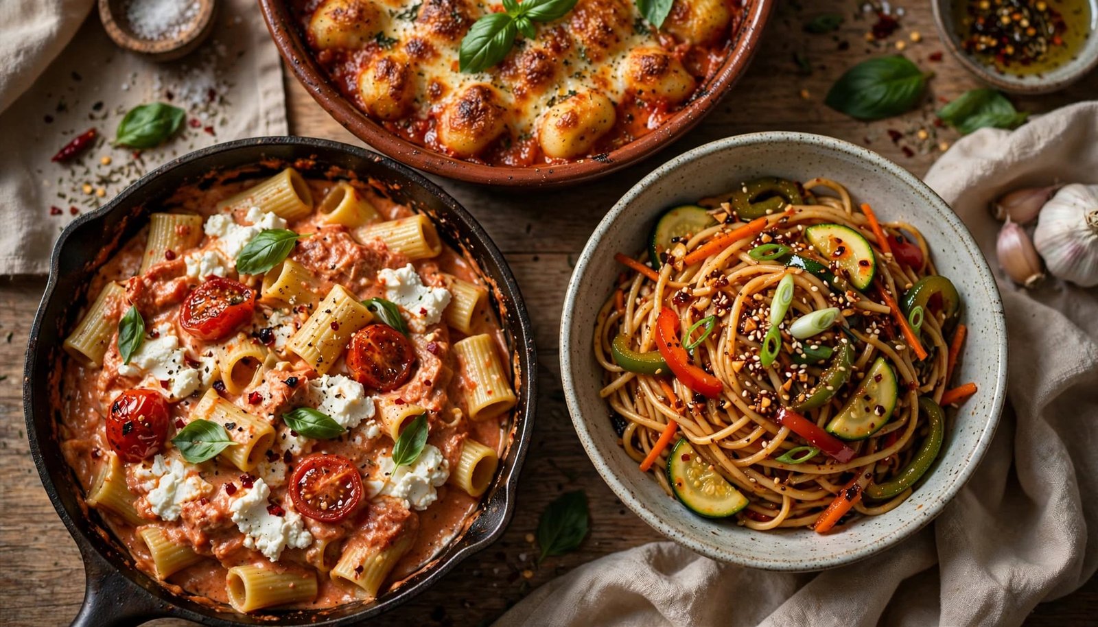Three vegetarian pasta dishes arranged on a rustic kitchen table.