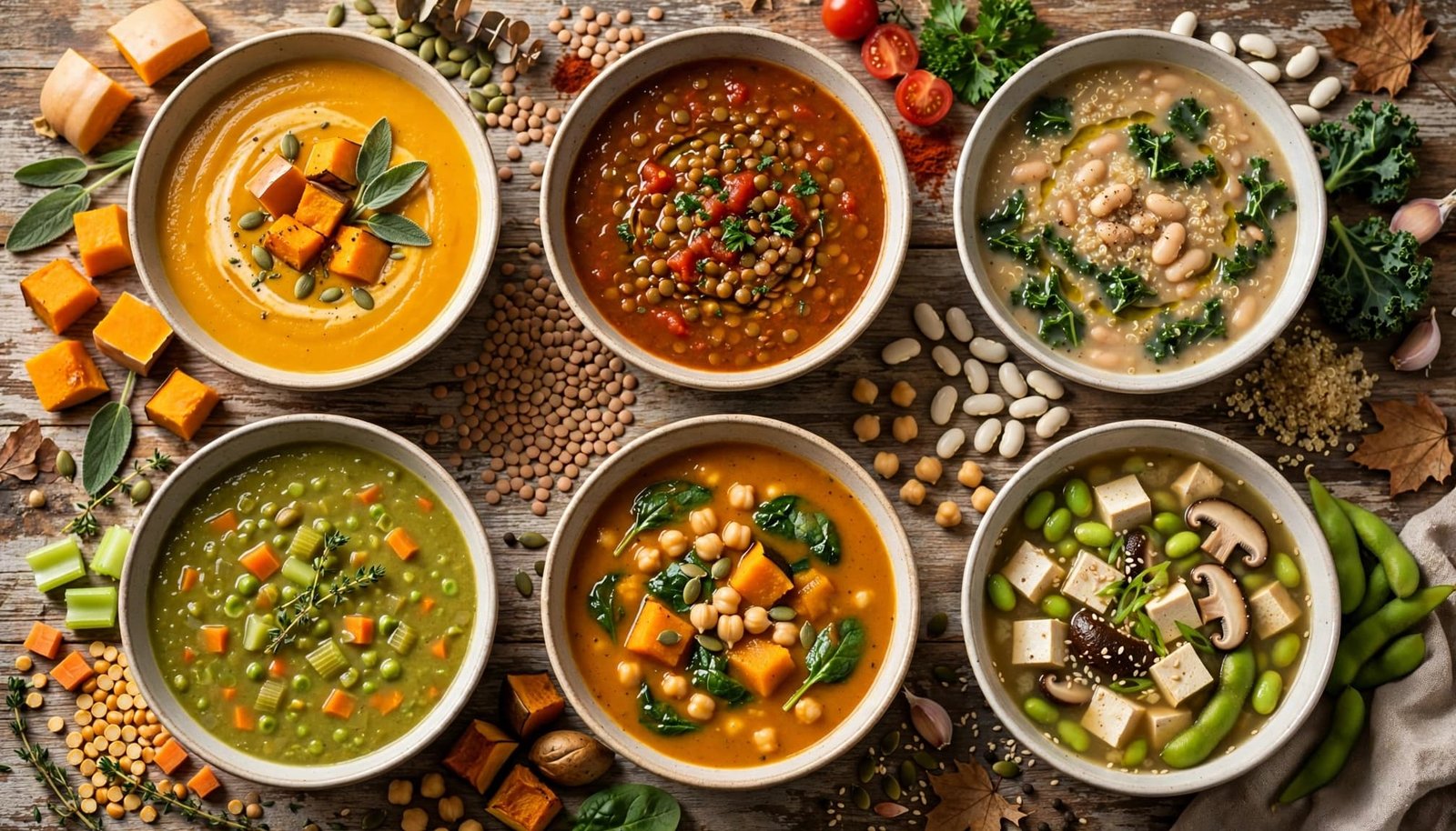 Six bowls of colorful vegetarian soups with vegetables on a rustic table.
