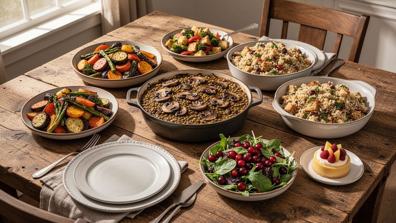 Vegetarian Thanksgiving dishes fill a rustic table beside one place setting.
