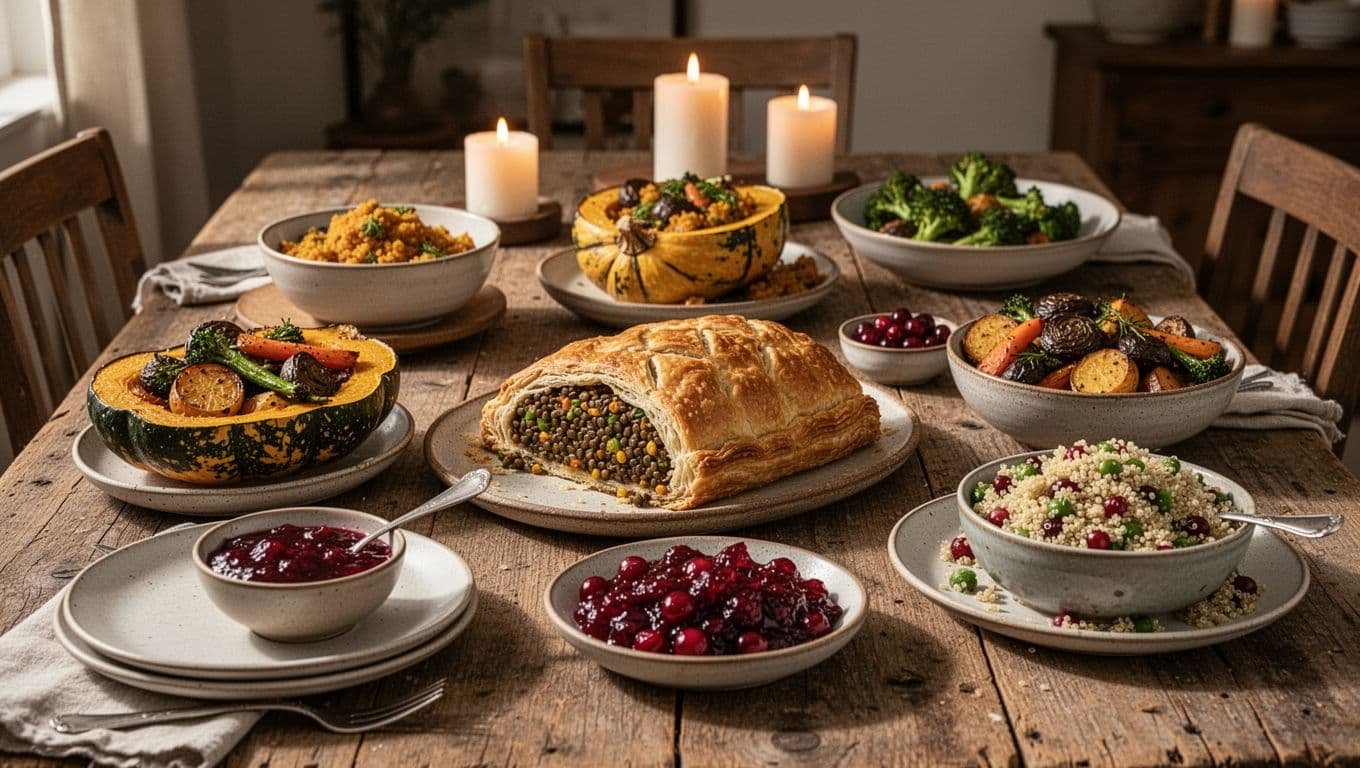 A vegetarian Thanksgiving table with Wellington, stuffed squash, vegetables, cranberry sauce, and quinoa salad.