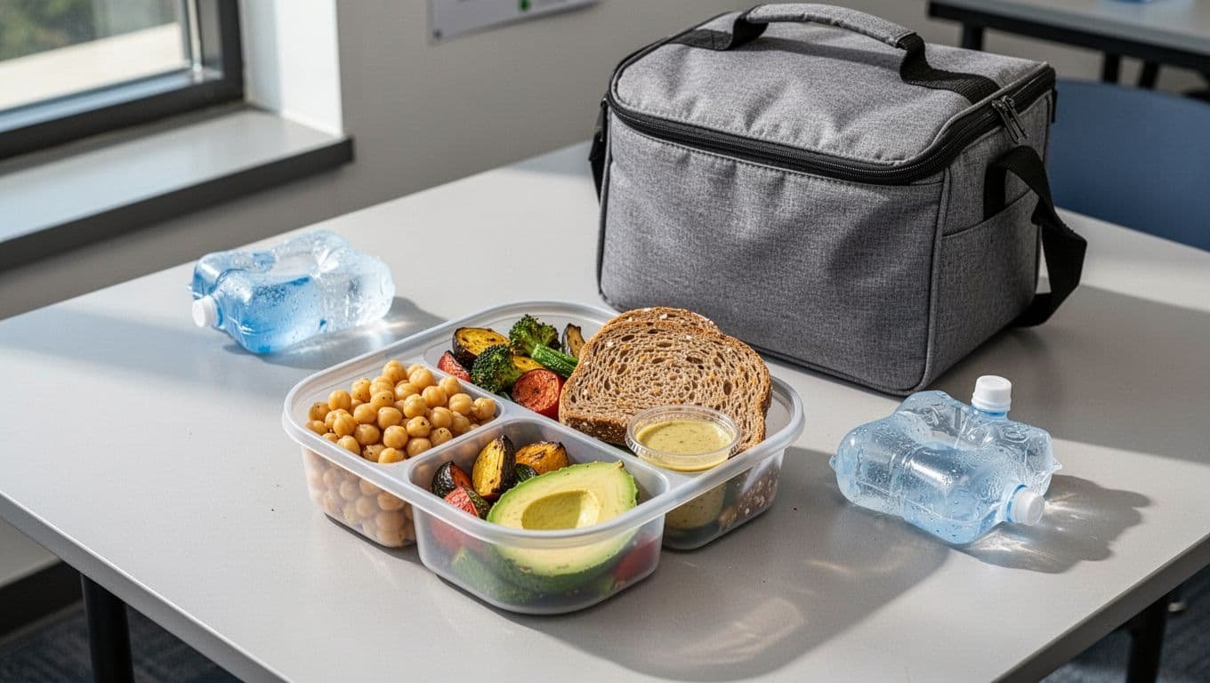 A packed vegetarian lunch sits beside an insulated bag and ice pack.