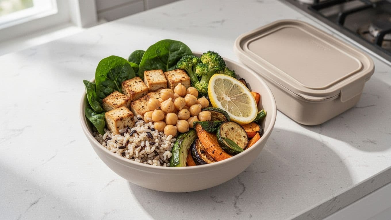 A colorful vegetarian lunch bowl sits beside a reusable container on a kitchen counter.
