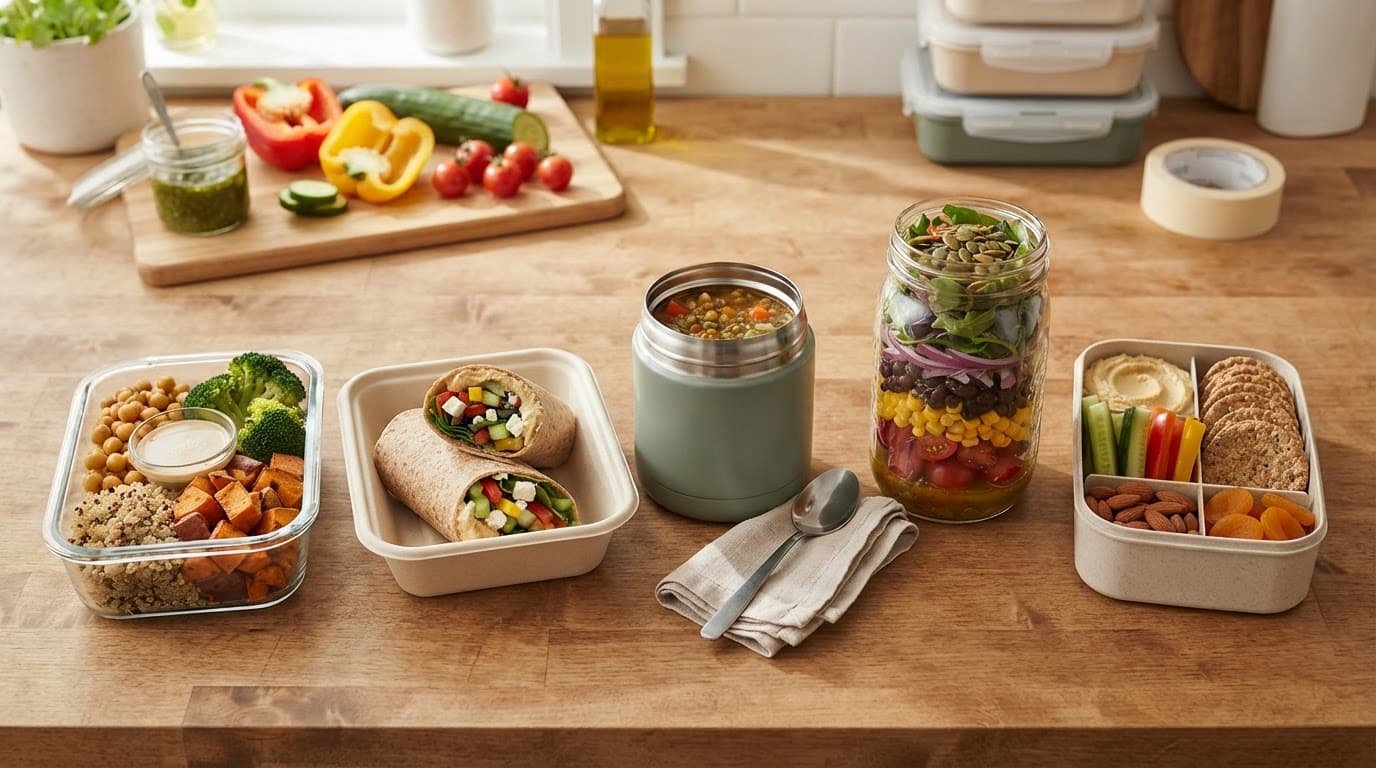 Five vegetarian lunch containers arranged on a bright kitchen counter.