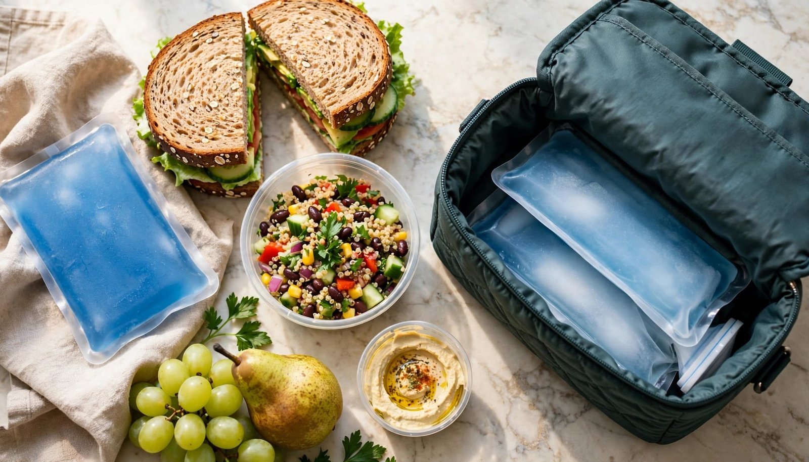 A packed lunch bag holds a sandwich, salad, fruit, sauce, and ice packs.