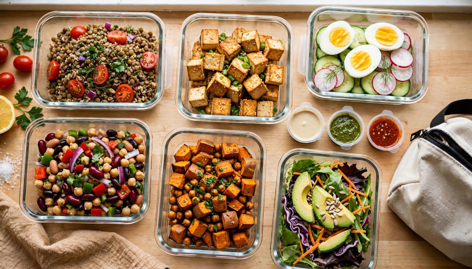 Six containers hold colorful vegetarian lunches beside a lunch bag on a sunny kitchen counter.