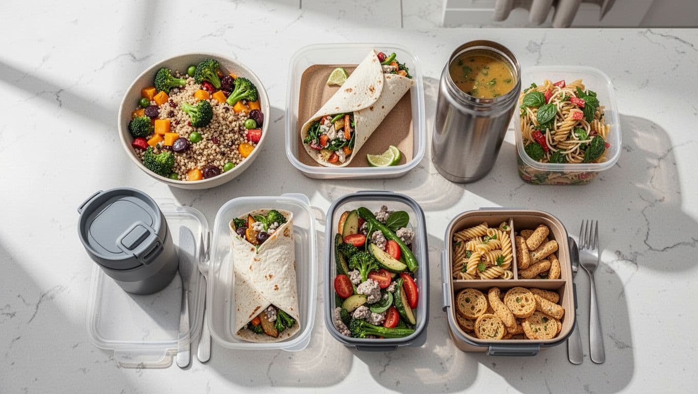 A table holds five colorful vegetarian lunches in reusable containers.