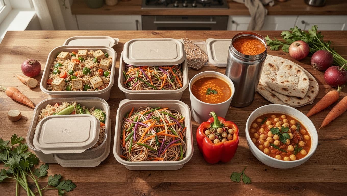 Vegetarian work lunches in reusable containers, including rice, noodles, soup, stuffed pepper, and curry.