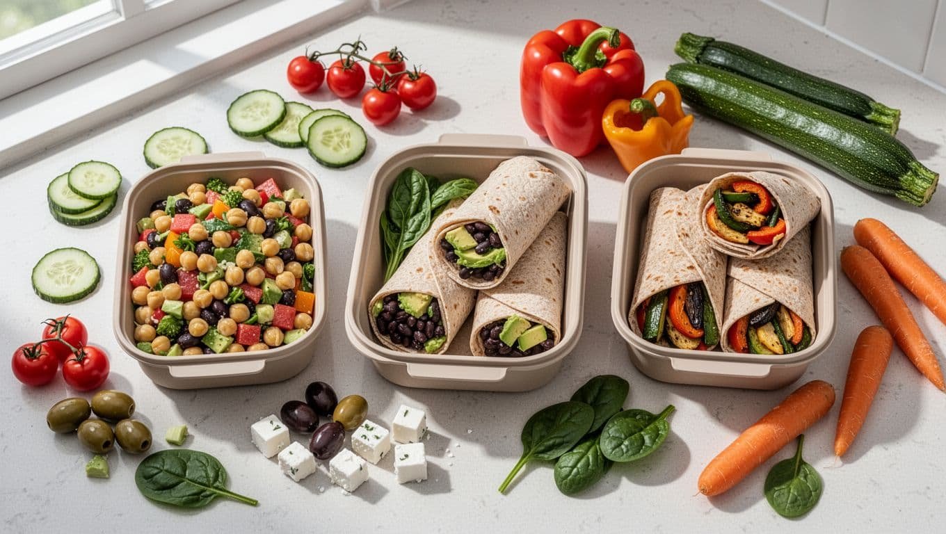 Three vegetarian lunches in reusable containers with fresh vegetables on a kitchen counter.