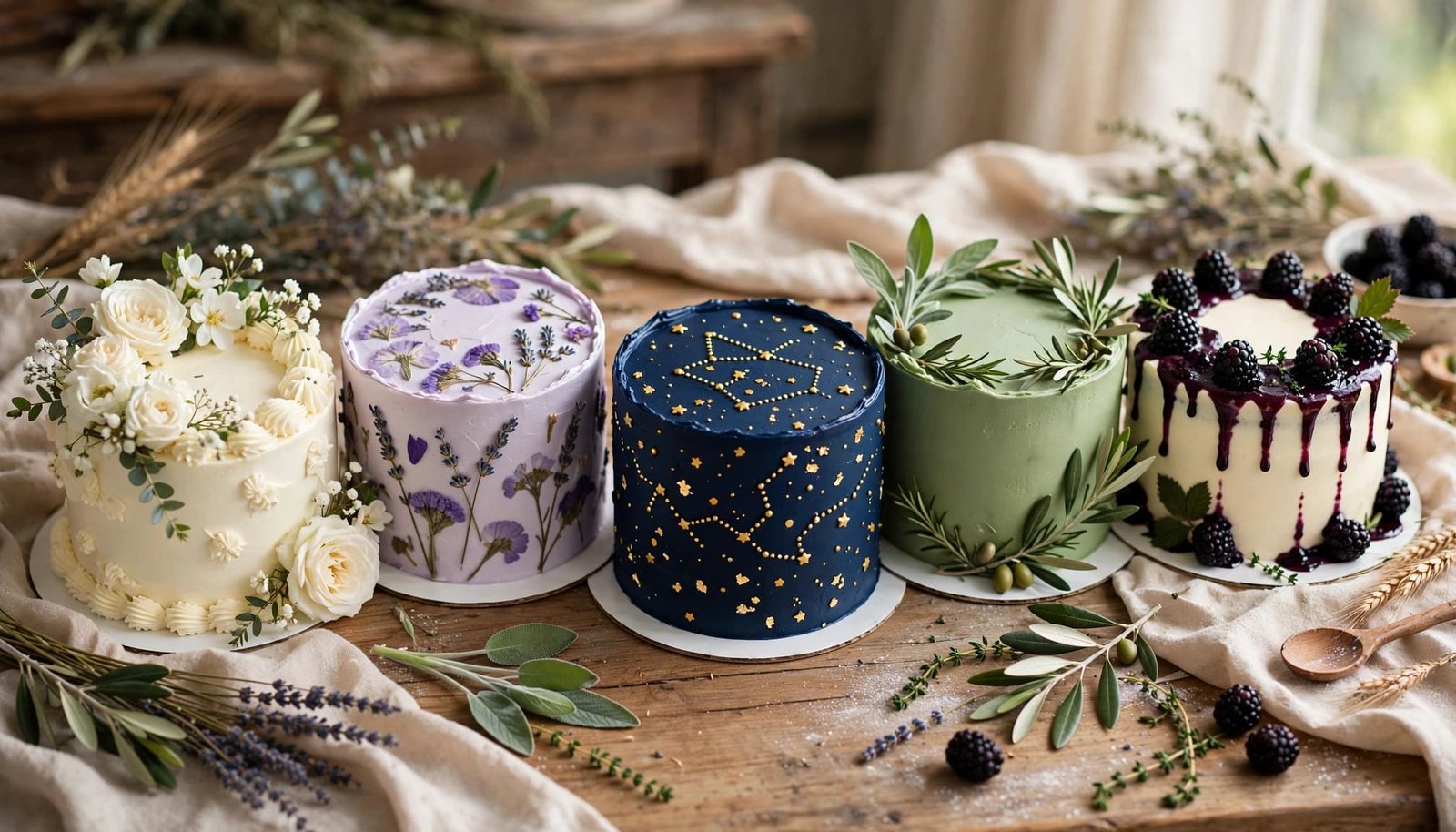 Five elegant Virgo-inspired cakes arranged on a sunlit bakery table.