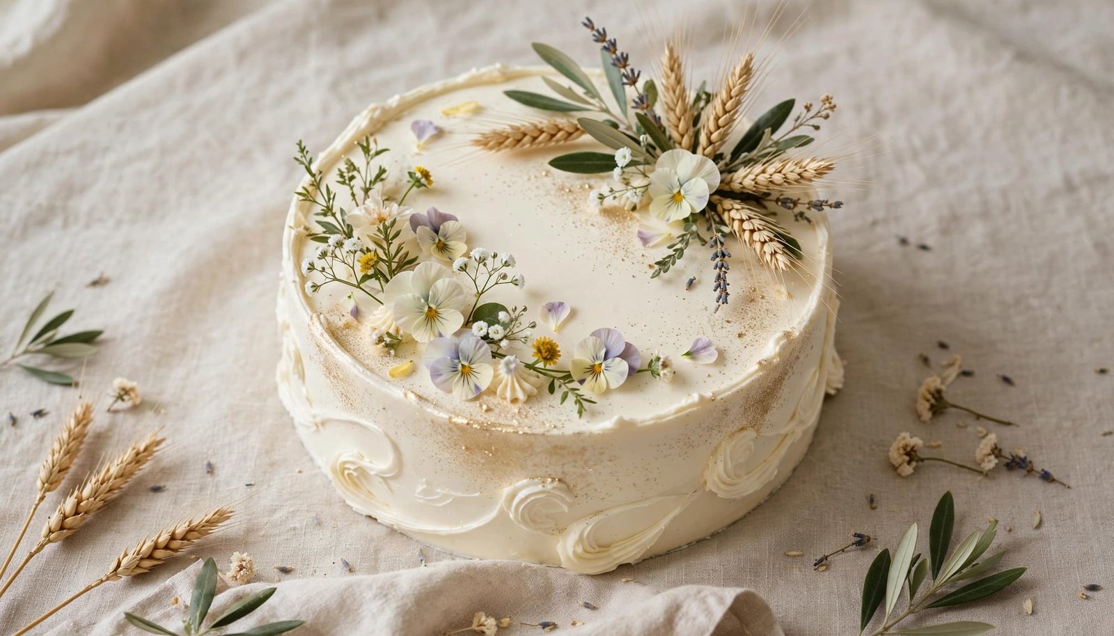 Creamy white birthday cake with edible flowers, gold dust, and botanical Virgo-inspired decoration.
