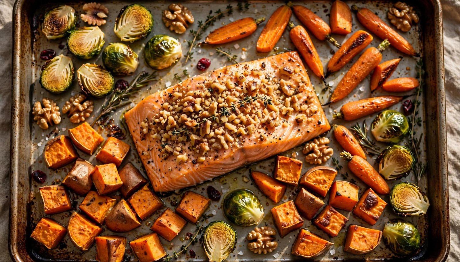 Walnut-crusted salmon with roasted sweet potatoes, carrots, and Brussels sprouts.