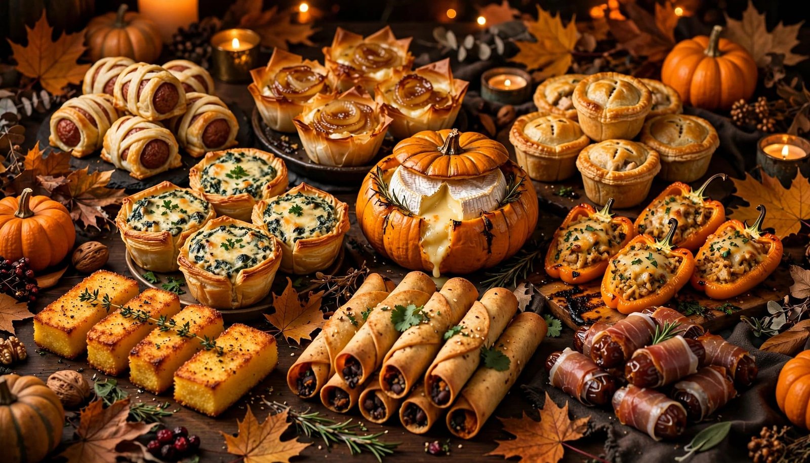 Warm Halloween appetizers arranged on a dark buffet table with pumpkins and autumn leaves.