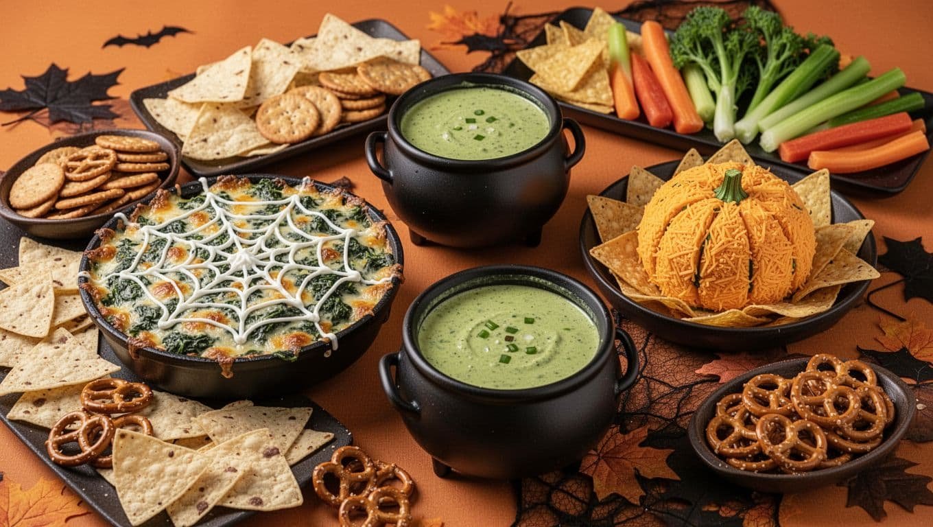 Halloween table with spinach dip, green queso, pumpkin cheese ball, and assorted dippers.