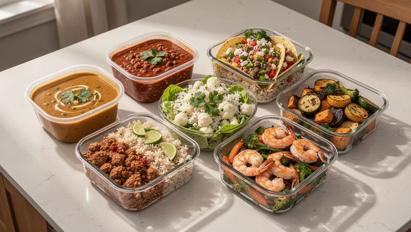 Meal-prep containers hold soup, chili, a taco bowl, vegetables, and shrimp on a kitchen table.