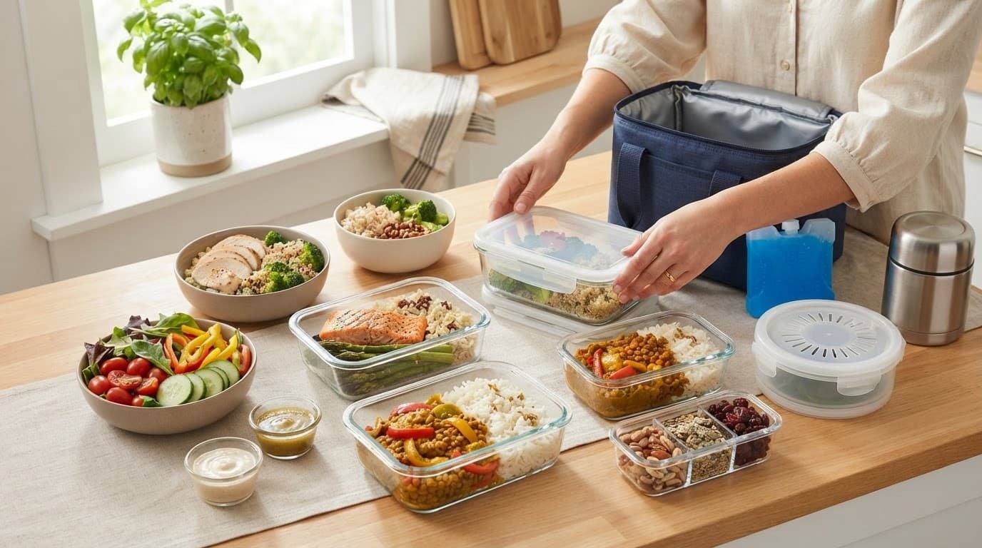 Hands arrange meal containers, vegetables, sauces, an insulated bag, and a soup thermos on a kitchen counter.
