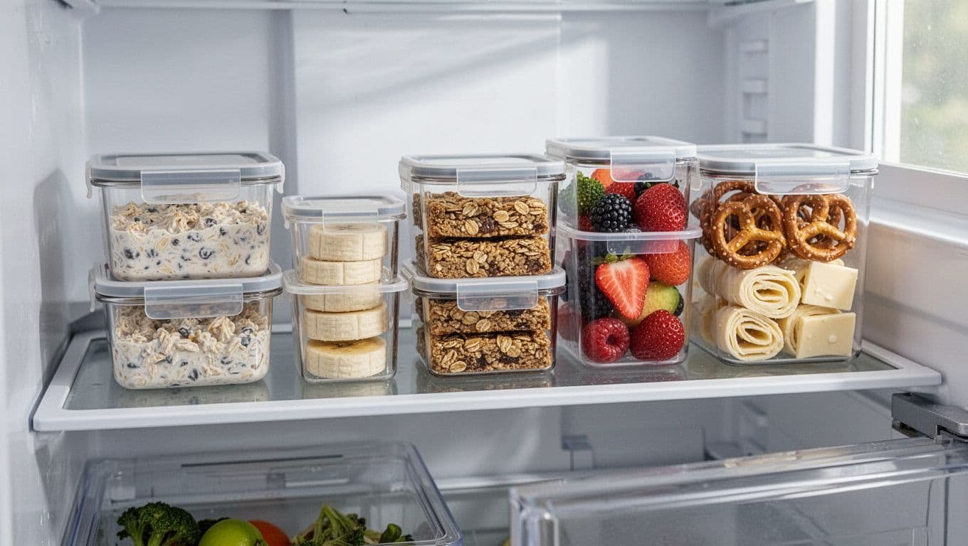 Five containers hold prepared snacks on a refrigerator shelf.