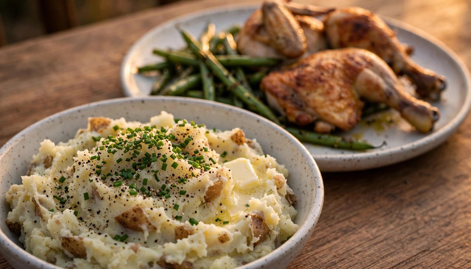 Mashed potatoes with chives beside roasted chicken and green beans.