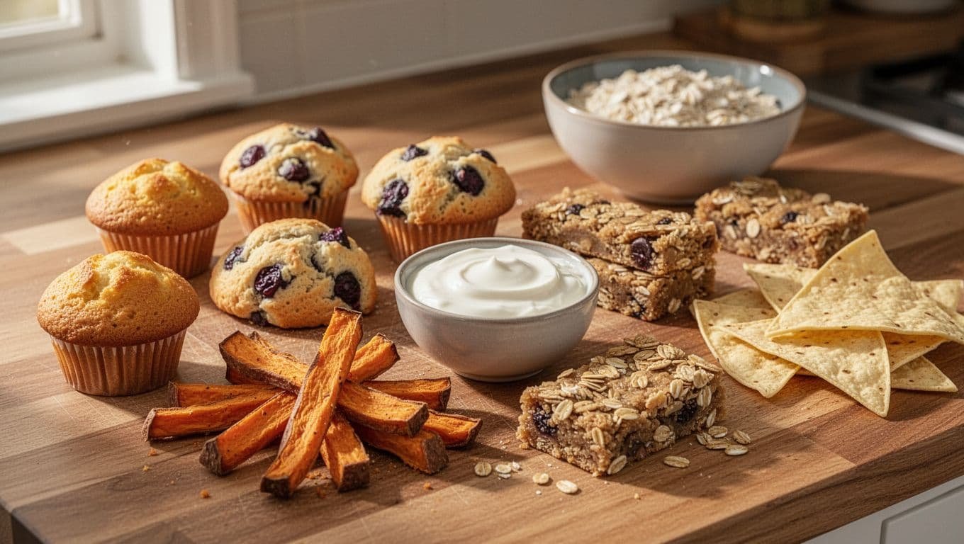 Assorted homemade snacks on a wooden counter with yogurt dip and oatmeal in the background.
