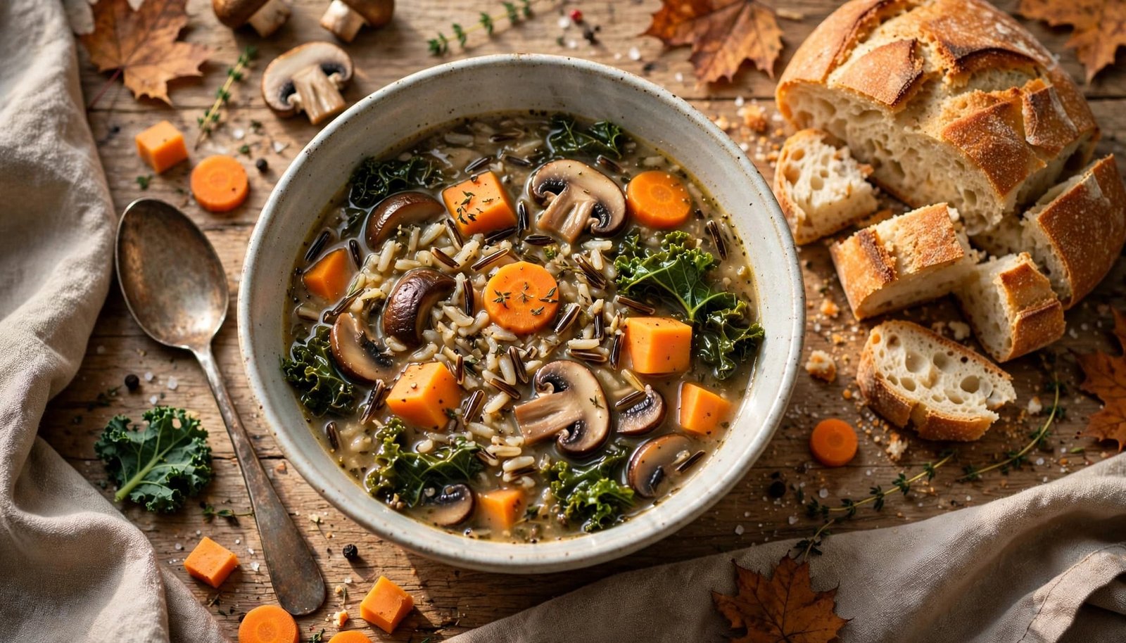 A bowl of wild rice soup with vegetables, bread, and a spoon on a rustic table.