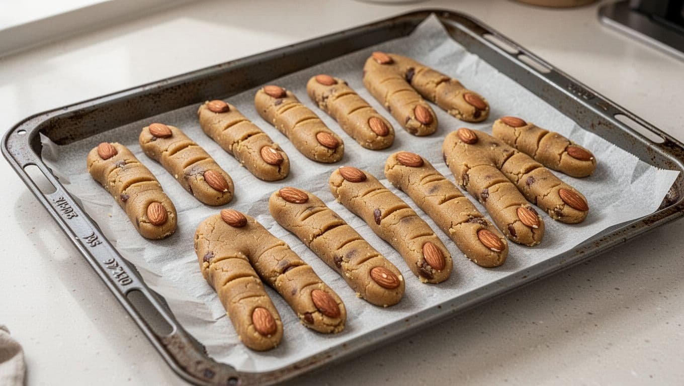 Tray of finger-shaped cookie dough with almond tips and knuckle marks.