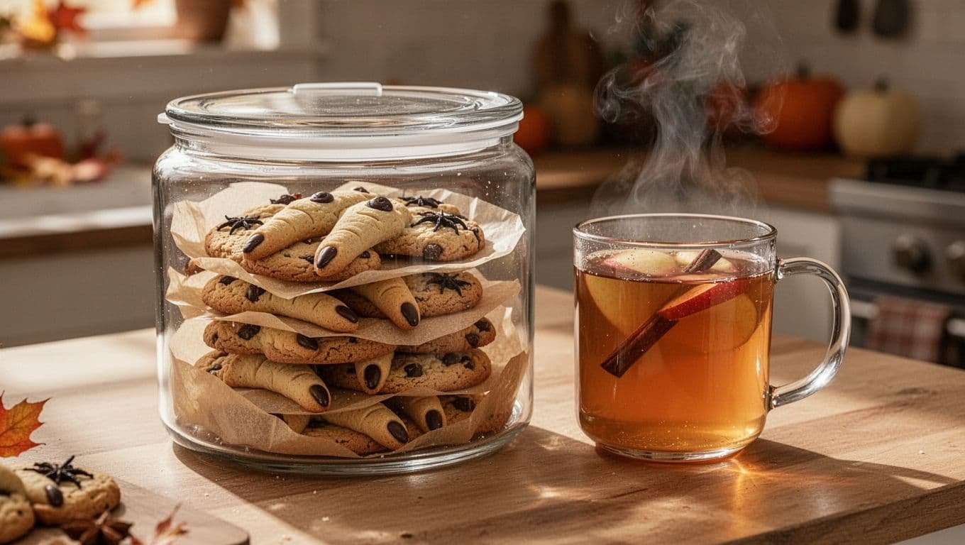Glass container of witch finger cookies beside hot apple cider and a Halloween dessert plate.