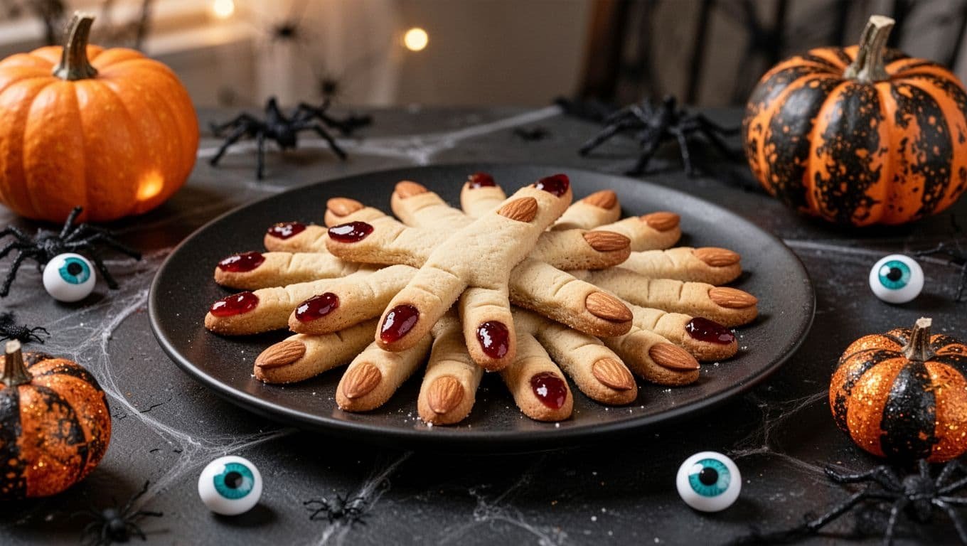 Witch finger cookies with red jam and candy eyeballs on a Halloween dessert table.