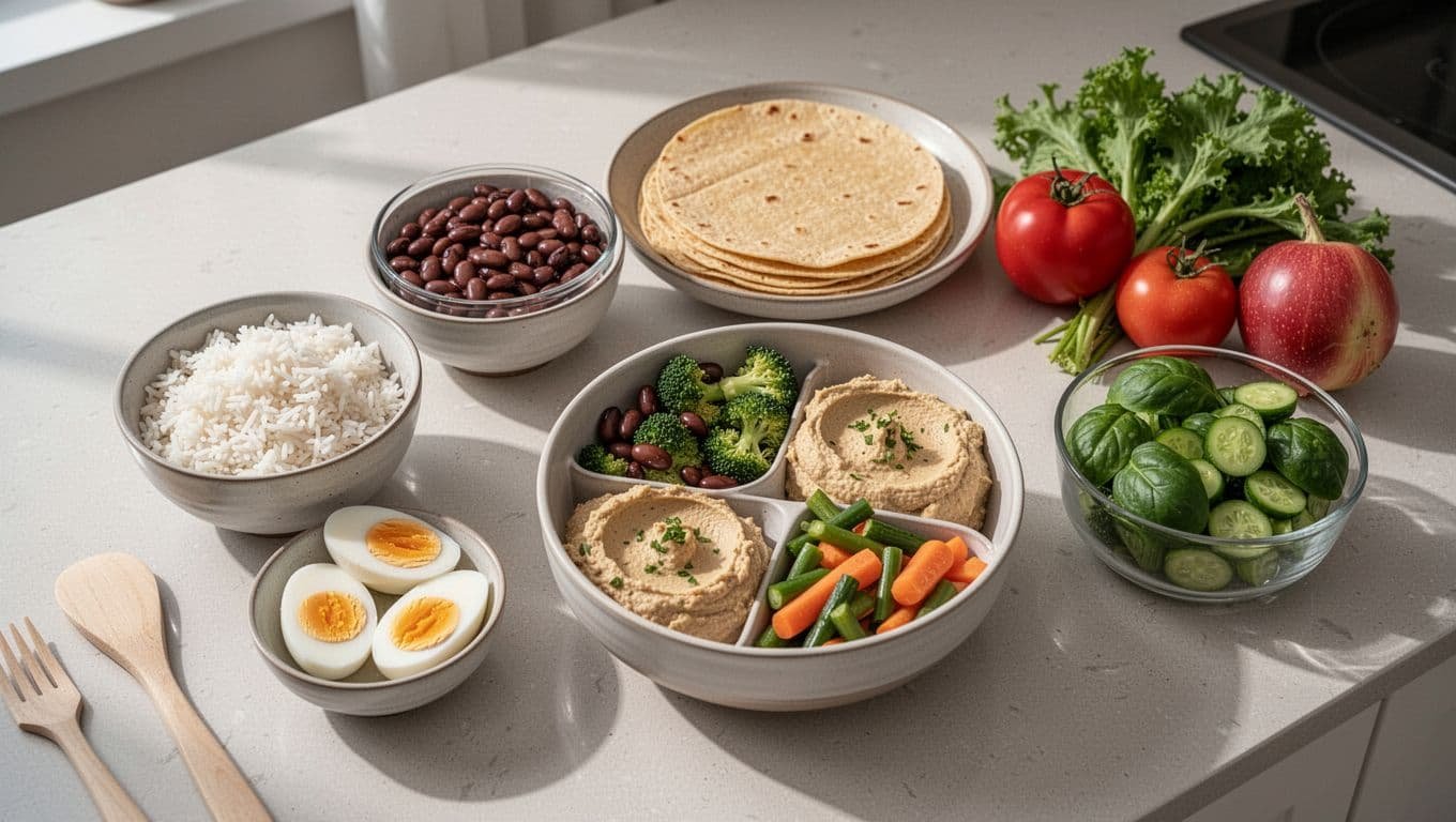 Bowls of lunch ingredients surround an assembled meal in a bright kitchen.
