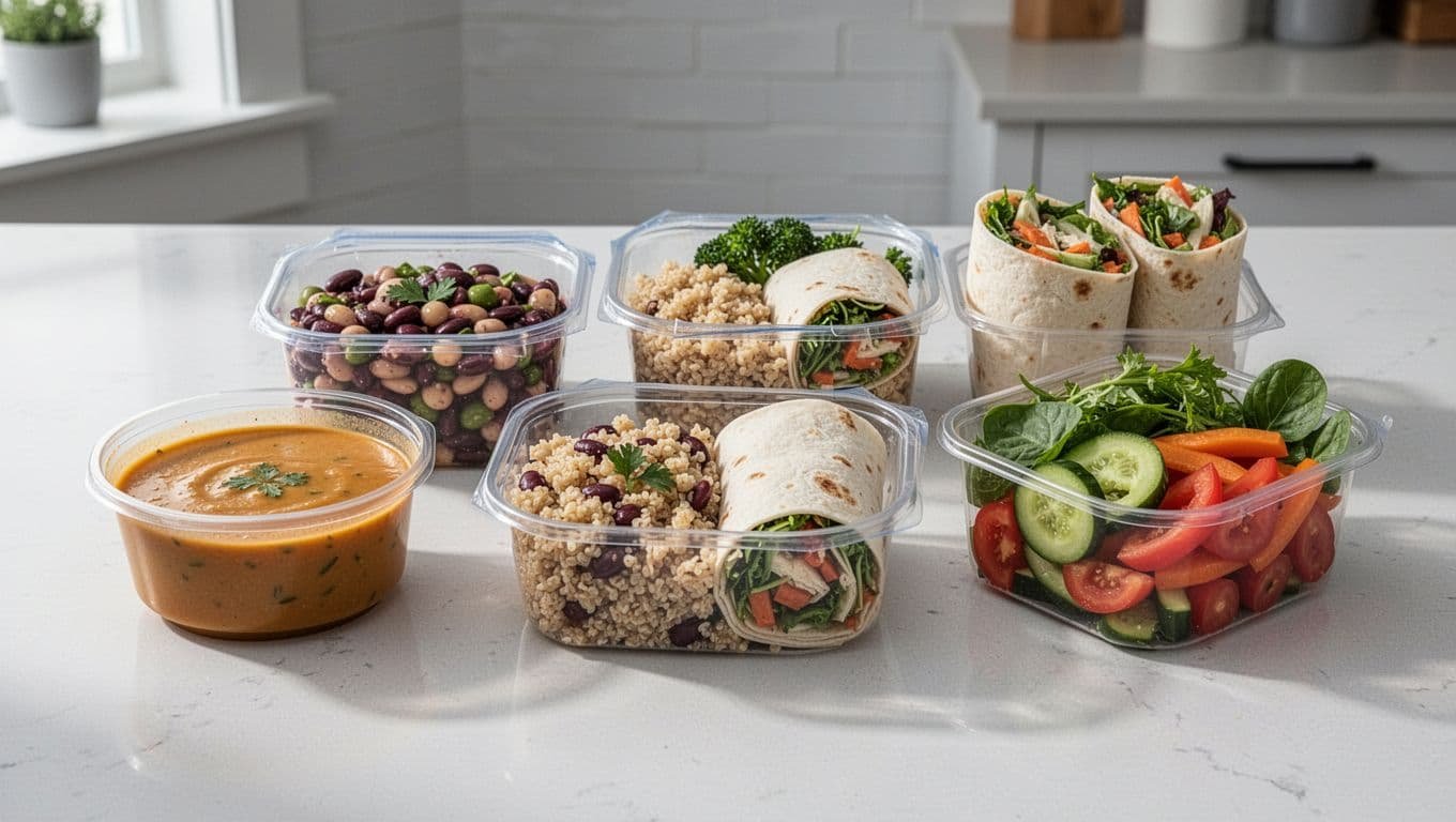 Five containers hold soup, salad, grains, wrap ingredients, and fresh vegetables.