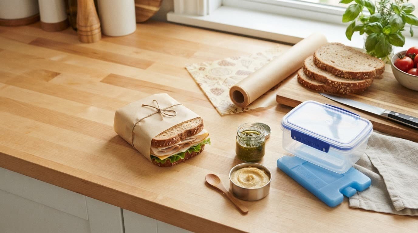 A wrapped sandwich sits beside bread, packing wrap, a lunch container, and an ice pack.