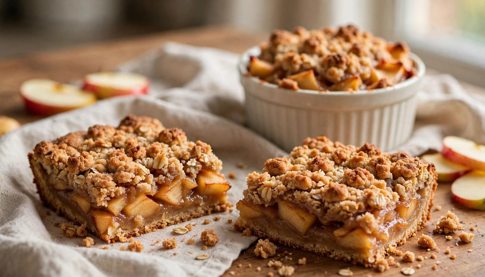 Apple crumble bars and a ramekin dessert on a wooden table.