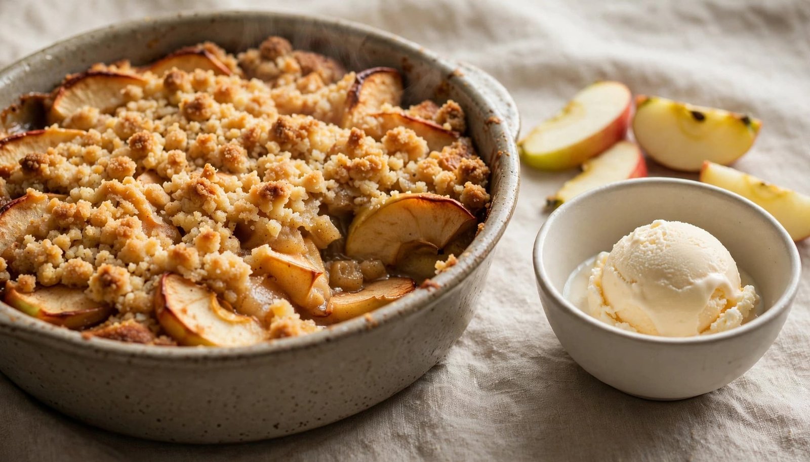 A warm apple crisp in a casserole dish with a bowl of vanilla ice cream and apple slices.