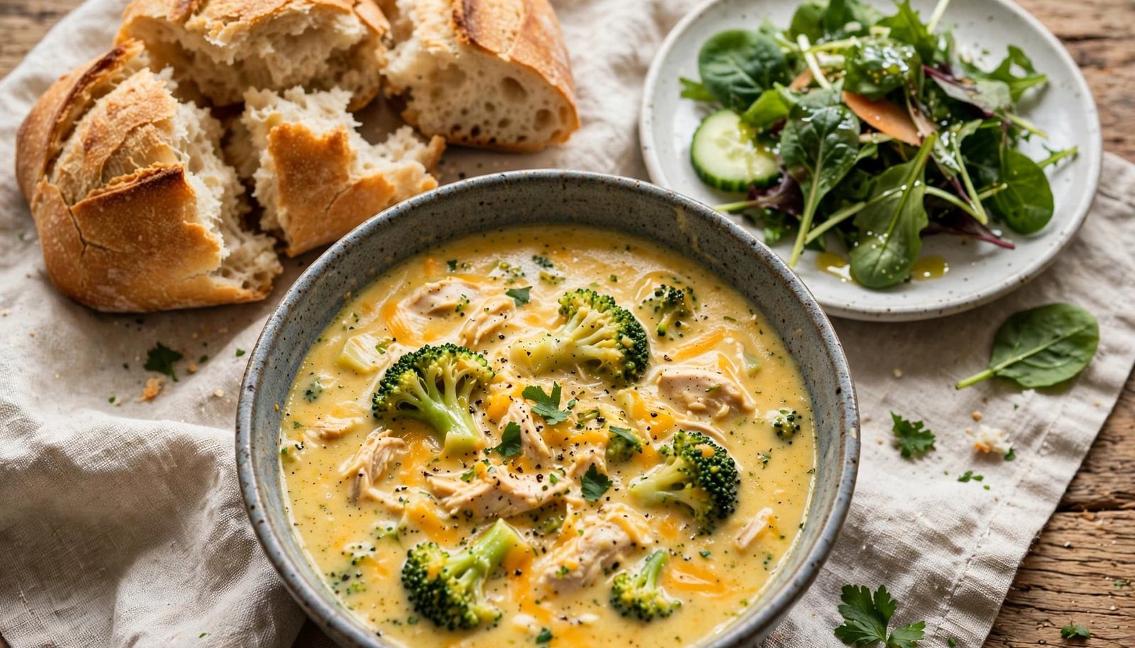 A bowl of broccoli cheddar soup with crusty bread and a side salad.