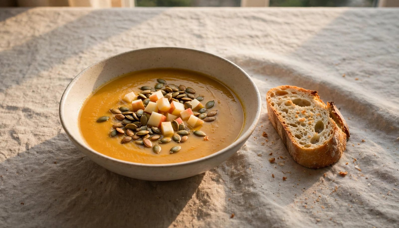 A ceramic bowl of squash soup topped with pumpkin seeds and apple cubes, with a slice of bread.