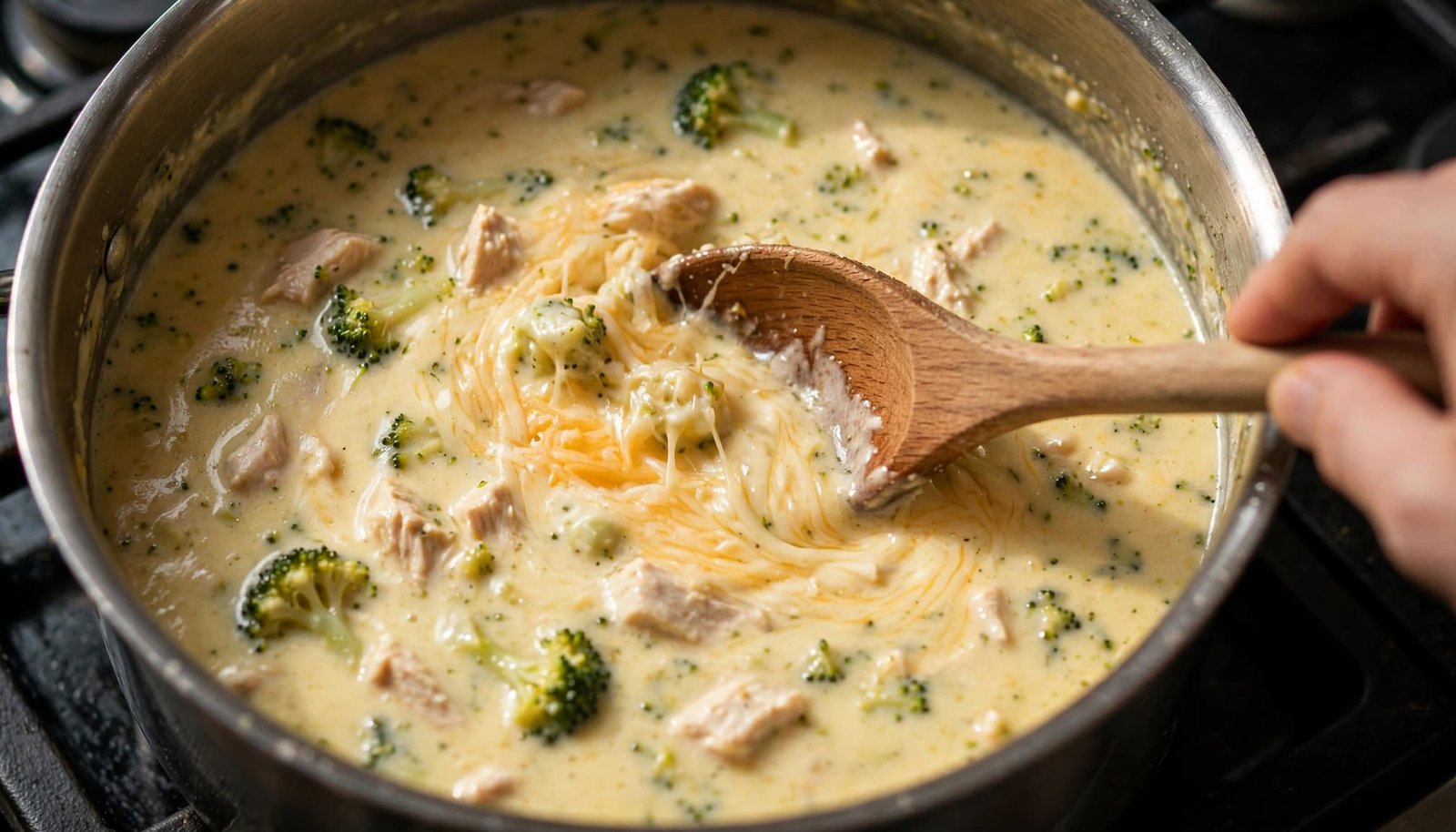 A wooden spoon stirs grated cheddar cheese into creamy broccoli and chicken soup in a metal pot.