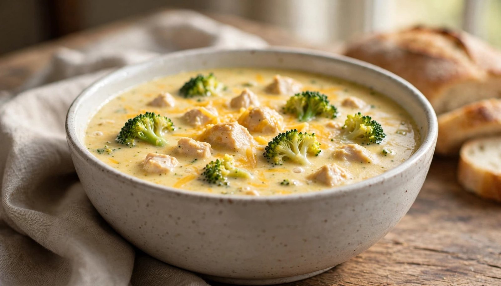 A ceramic bowl of creamy broccoli cheddar soup with chicken, next to bread.