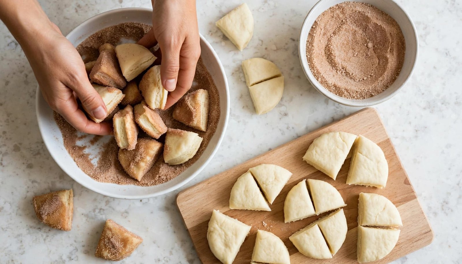 Two hands toss dough pieces in a bowl of cinnamon sugar next to a cutting board with cut dough.
