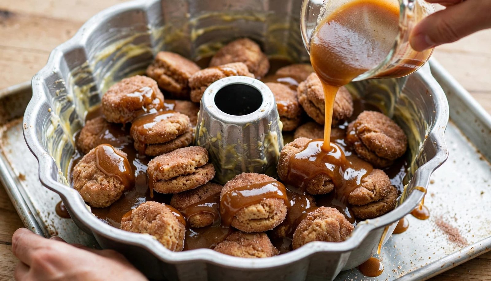 Caramel sauce is poured from a small glass cup over cinnamon-sugar biscuit pieces in a fluted tube pan.
